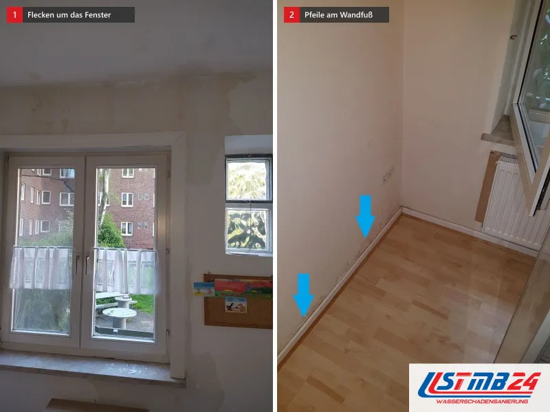 Zwei Ansichten: Raum mit Flecken rund um das Fenster, daneben Zimmer mit Laminat und blauen Pfeilen auf dunkle Flecken am Wandfuß