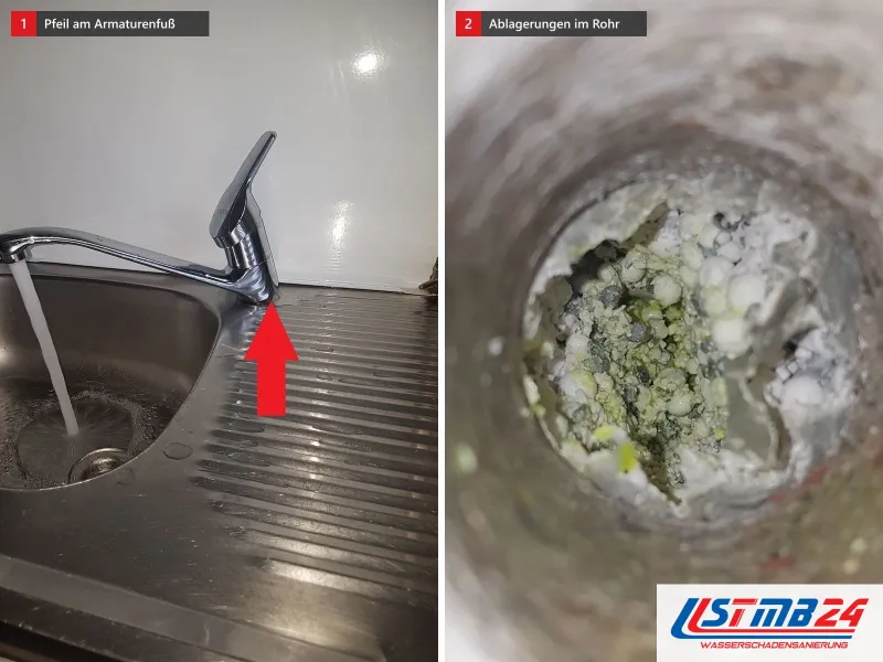 Zwei Ansichten: Edelstahlspüle mit laufendem Wasserhahn und rotem Pfeil auf den Armaturenfuß, daneben der Blick in ein Rohr mit Ablagerungen