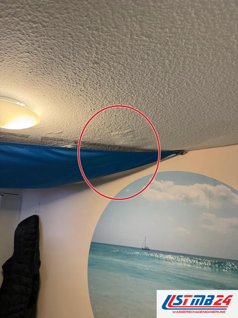 Blaue Plane unter einer durchnässten Zimmerdecke gespannt, Deckenlampe darüber, rundes Wandbild im Raum, ein roter Kreis markiert die Stelle