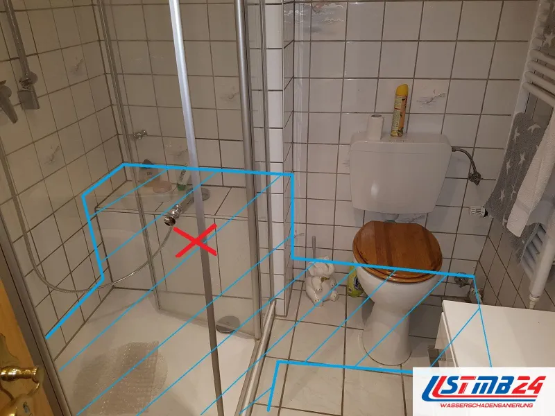 Bad mit weißen Fliesen, Dusche und WC, blaue Linien zeichnen den Leitungsweg auf Wand und Boden nach, ein rotes Kreuz markiert das Leck