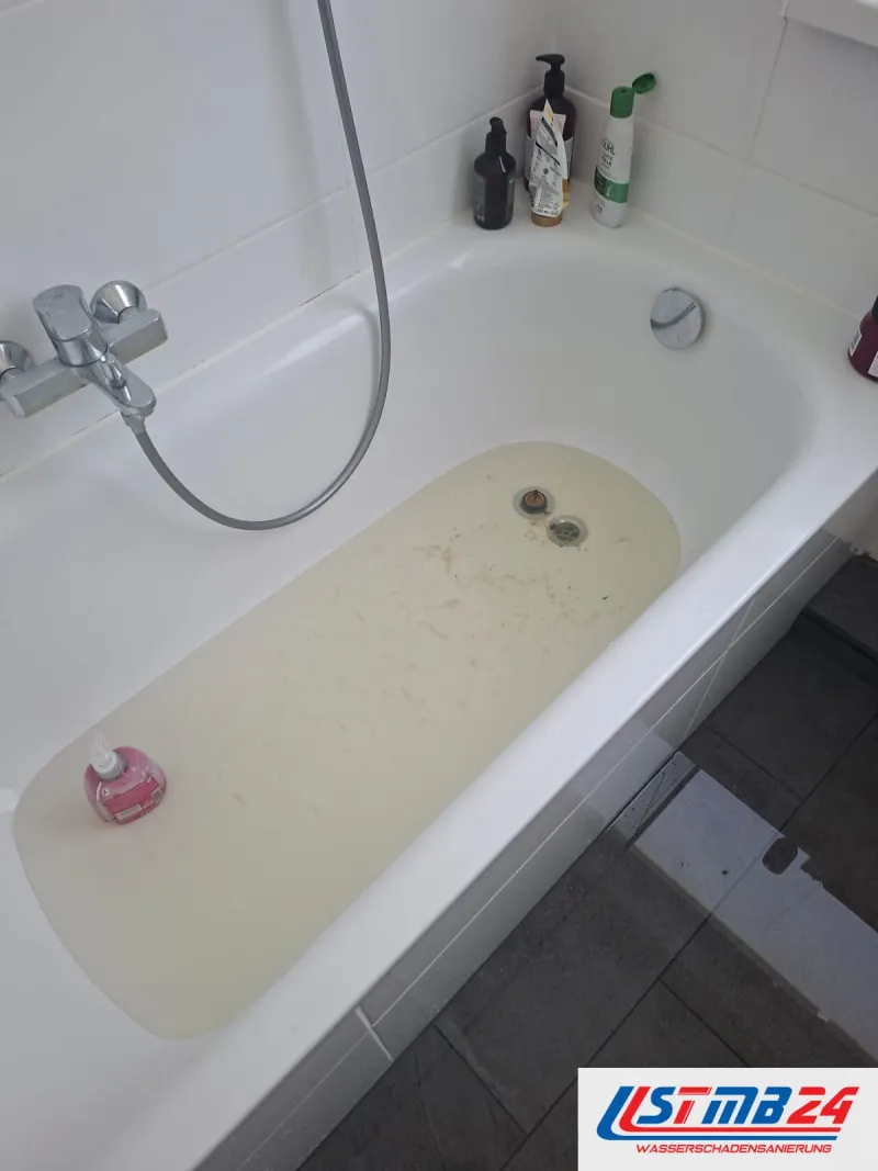 Badewanne bis zur Hälfte mit trübem Wasser gefüllt, auf dem Grund Schmutz rund um den Ablauf, am Rand Duschgel und Brause