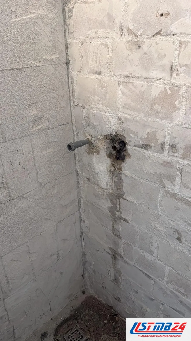 Weiß gestrichene Kellerwand aus Ziegeln mit einem Rohrstutzen, darunter eine dunkle Wasserspur bis zum Bodenablauf in der Ecke