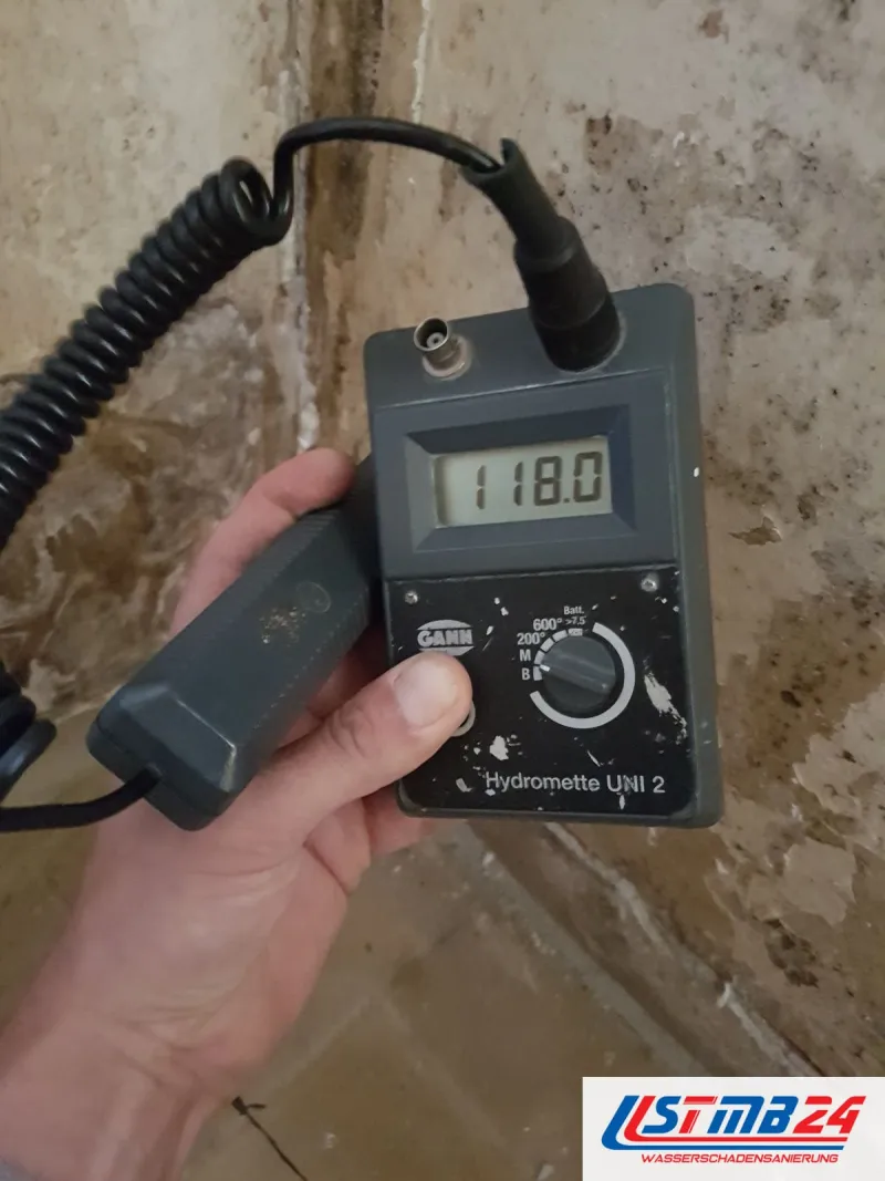 Feuchtemessgerät zeigt 118,0 vor einer Wand mit braunen Flecken und dunklen Schimmelstellen