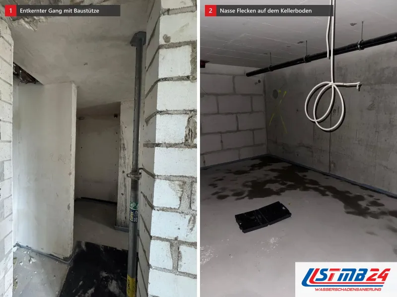 Zwei Ansichten: entkernter Gang mit Kalksandsteinwänden und Baustütze unter geöffneter Decke, daneben Kellerraum mit nassen Flecken auf dem Boden