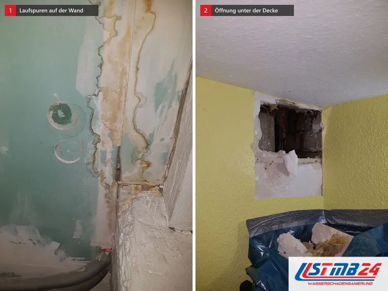 Zwei Ansichten: mintgrüne Wand mit braunen Laufspuren und abgeplatzter Farbe, daneben gelbe Wand mit Öffnung unter der Decke und Schutt in Folie