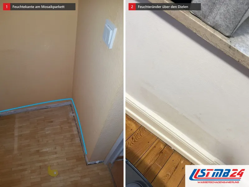Zwei Ansichten: Zimmer mit hellem Mosaikparkett und blau markierter Feuchtekante, daneben Holzdielen unter einer Wand mit hellen Feuchterändern
