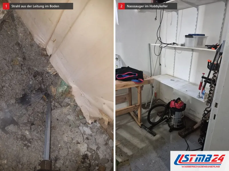 Zwei Ansichten: Leitung im offenen Boden, aus der ein feiner Strahl in die Schüttung sprüht, daneben Hobbykeller mit Werkbank und Nasssauger