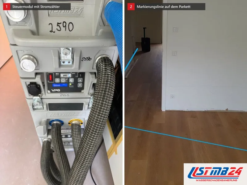 Zwei Ansichten: Steuermodul mit eingebautem Stromzähler und Display, daneben Wohnraum mit blauer Markierungslinie auf dem Parkett und Trockner im Flur