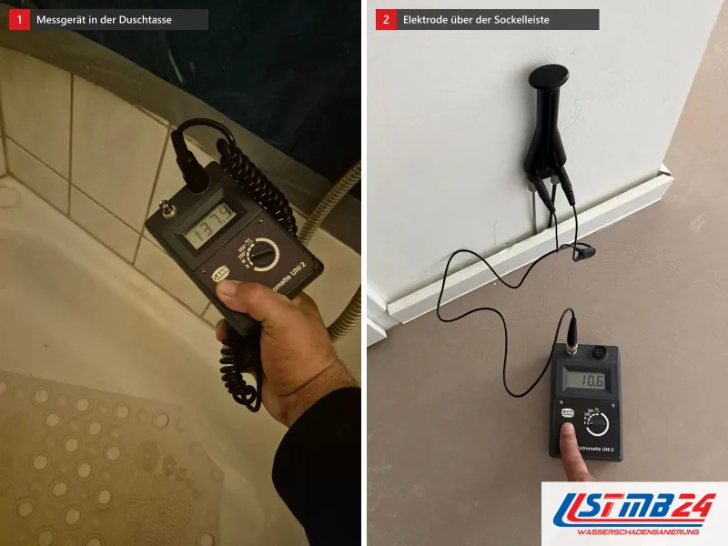 Zwei Ansichten: Messgerät in einer Duschtasse, daneben Messgerät mit Elektrode an der Wand über der Sockelleiste