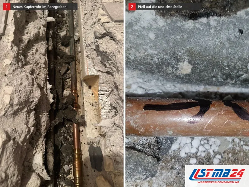 Zwei Ansichten: aufgestemmter Rohrgraben im Estrich mit neuem Kupferrohr und Pressfittings, daneben Kupferrohr mit rotem Pfeil auf die undichte Stelle