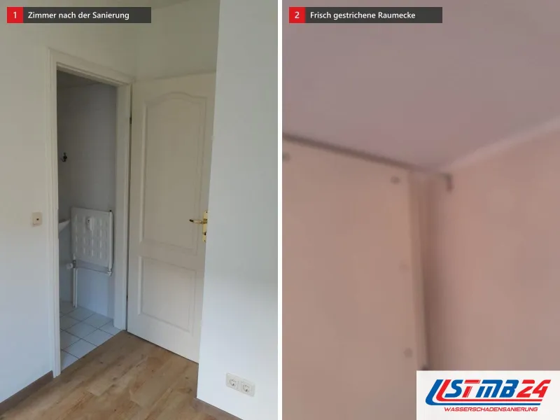 Zwei Ansichten: weiß gestrichenes Zimmer mit Holzboden und Blick ins Bad, daneben Raumecke mit zartrosa Wänden und weißer Decke