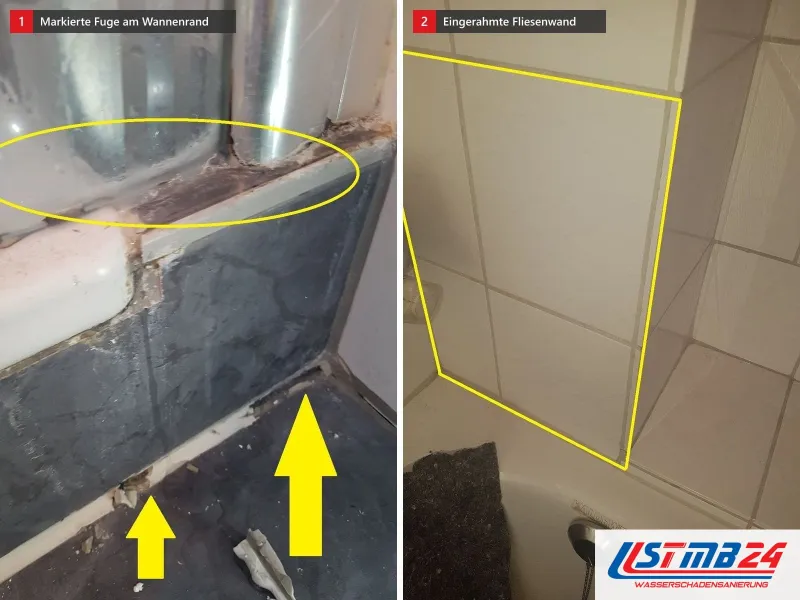 Zwei Ansichten: Wannenrand vor dunklen Fliesen mit gelb umrandeter Fuge und Pfeilen, daneben gelb eingerahmte Fliesenwand über der Wanne