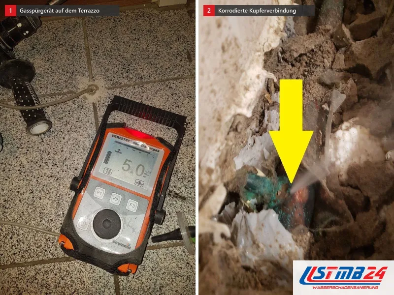 Zwei Ansichten: Gasspürgerät mit Anzeige 5,0 auf Terrazzo neben einem Bohrloch, daneben korrodierte Kupferverbindung mit Pfeil auf den Strahl