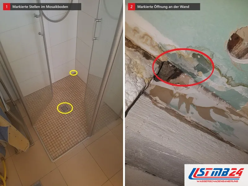 Zwei Ansichten: Duschboden aus Mosaik mit zwei gelb umkreisten Stellen, daneben geöffnete, rot umkreiste Stelle an einer grünen Wand