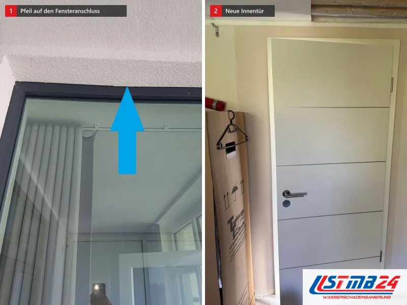 Zwei Ansichten: Fenster mit dunklem Rahmen und blauem Pfeil auf den oberen Anschluss, daneben neue weiße Innentür mit Querrillen und Edelstahldrücker