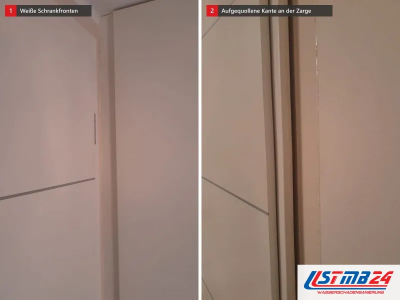 Zwei Ansichten: weiße Schrankfronten, daneben weiße Türzarge an einer gefliesten Wand mit Spalt und leicht aufgequollener Kante