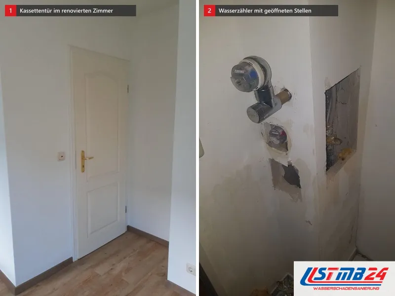 Zwei Ansichten: weiße Kassettentür mit Messinggriff über Vinylboden, daneben Wand mit Unterputz-Wasserzähler und zwei geöffneten Stellen