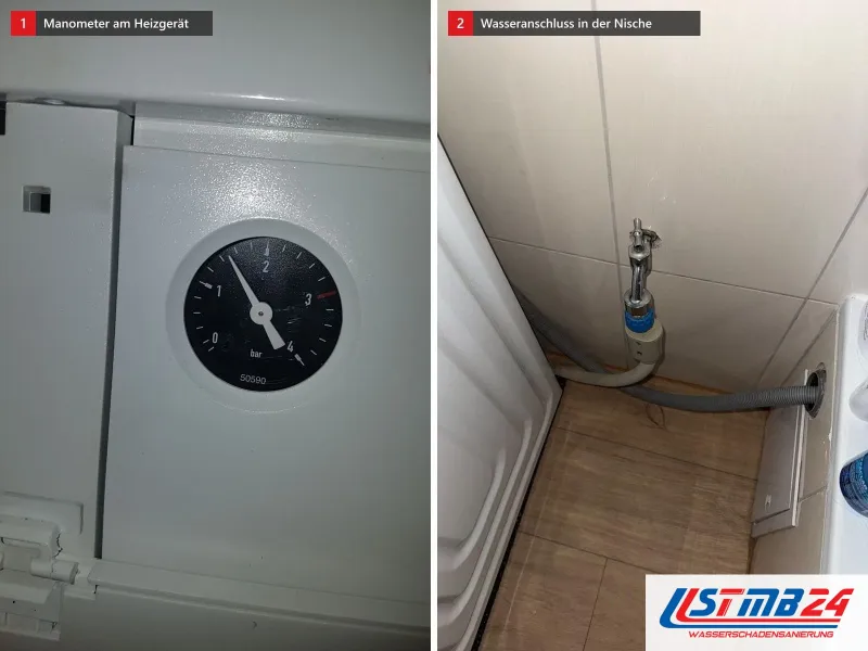 Zwei Ansichten: Manometer in der Front eines Heizgeräts, daneben schmale Nische mit Wasseranschluss über einem Holzboden