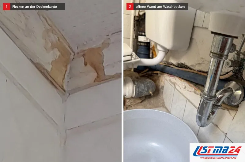 Bildpaar: braune Flecken an der Kante zwischen Wand und Decke und eine aufgestemmte Wand unter einem Waschbecken mit freiliegenden Leitungen