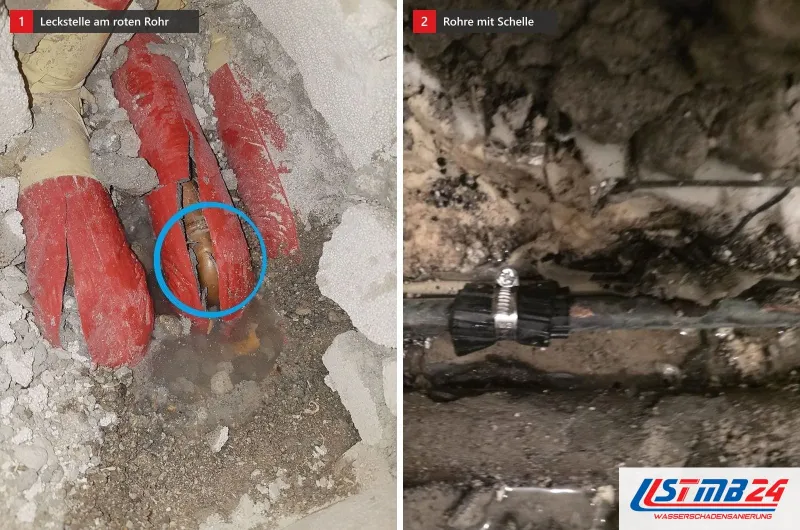 Aufgestemmter Estrich mit rot gedämmtem Rohr, blau umkreist die Leckstelle, daneben Rohre mit einer Schelle
