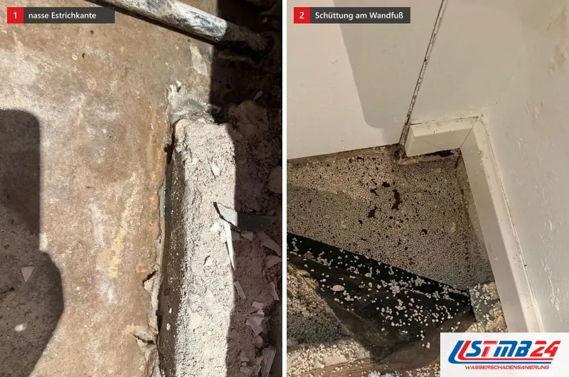 Nasse Kante eines Estrichs und aufgebrochener Estrich mit loser Schüttung am Wandfuß, zwei Bilder nebeneinander