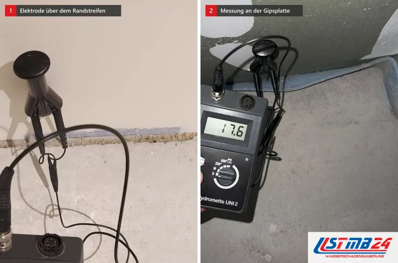 Messung im Neubau: eine Einschlagelektrode über dem Randstreifen und ein Messgerät an einer grünen Gipsplatte