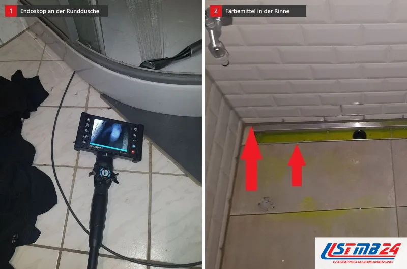 Endoskop vor einer runden Duschkabine und eine Duschrinne mit gelbem Färbemittel, rote Pfeile an den Rändern