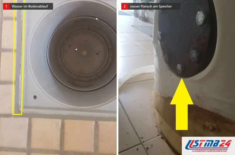 Wasser steht im gelb umrandeten Bodenablauf, daneben ein rostiger Speicherflansch mit nasser, braun verfärbter Stelle
