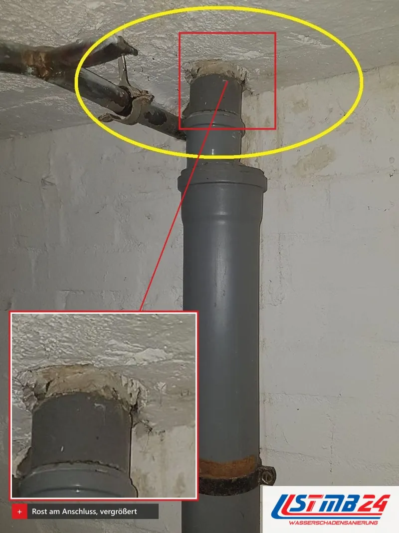 Graues Abflussrohr an der Kellerdecke, der rostige Anschluss oben ist gelb umkreist und vergrößert eingeblendet
