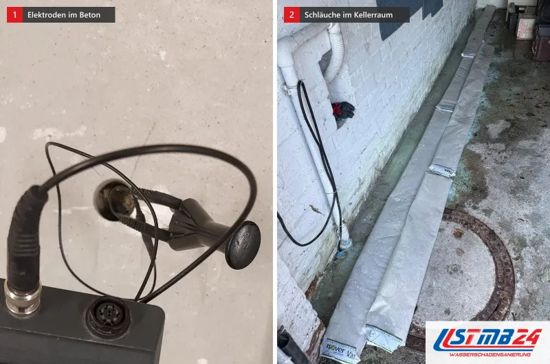 Messgerät mit 23,5, die Elektroden stecken in Bohrlöchern im Beton, daneben ein Kellerraum mit Schläuchen am Boden