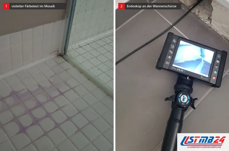Mosaikboden einer Dusche mit violetter Verfärbung vom Färbetest und ein Endoskop mit Monitor vor einer geöffneten Wannenschürze