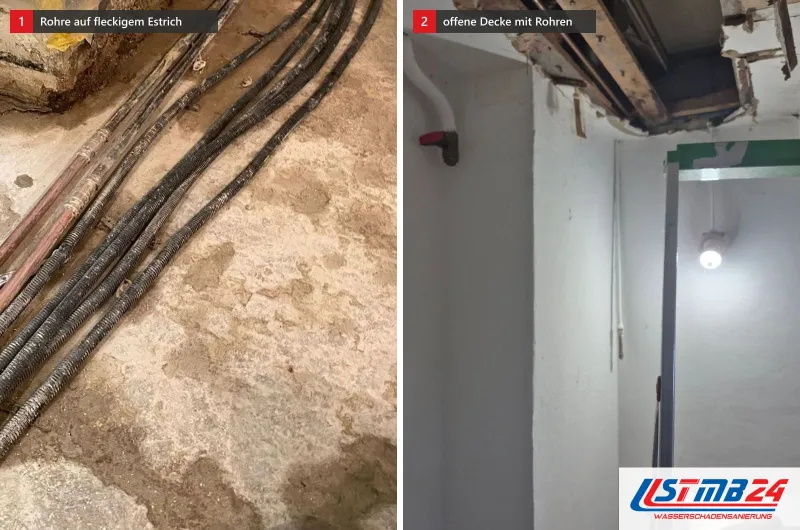 Alte Kupfer- und Wellrohre auf fleckigem Kellerestrich neben einer abgedeckten Treppe und ein schmaler Raum mit offener Decke