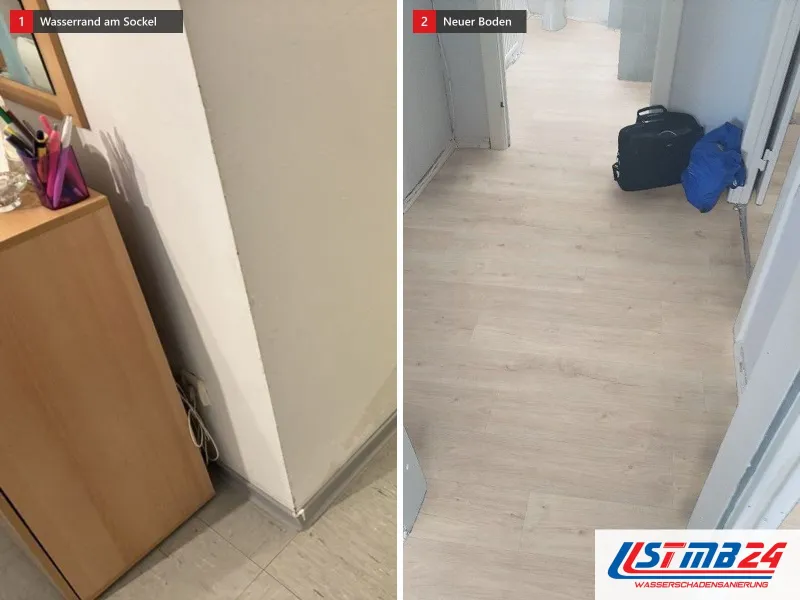 Zwei Ansichten: Flur mit hellem Kunststoffboden und Wasserrand über der Sockelleiste, daneben der Flur mit neuem Boden in Eichenoptik
