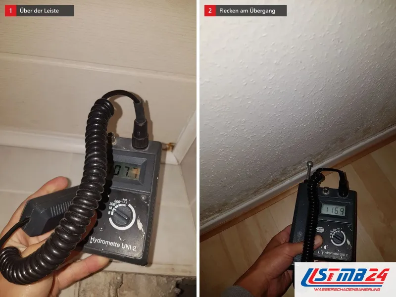 Zwei Messungen: Messgerät am Wandfuß über der Sockelleiste, daneben 116,9 an einer Wand über Laminat mit dunklen Flecken an der Leiste