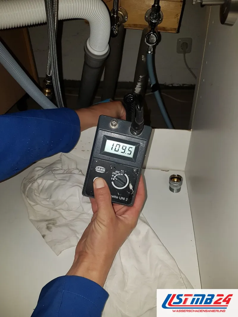 Messgerät mit Anzeige 109,5 im Unterschrank unter dem Abfluss, eine Hand hält die Sonde