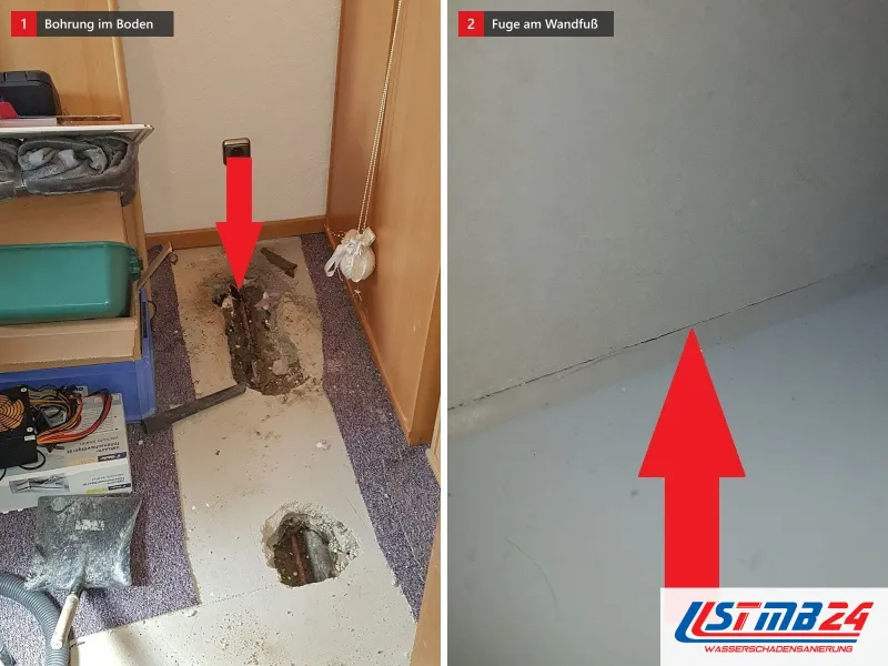 Zwei Ansichten: Bohrung im Boden vor einem Schrank mit rotem Pfeil, daneben ein roter Pfeil auf die Fuge zwischen Wand und Boden