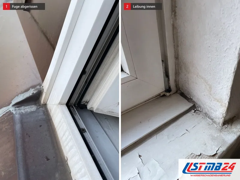 Zwei Ansichten: Kunststofffenster mit abgerissener Silikonfuge an der Fensterbank, daneben die Fensterbank innen mit Wasserrändern an der Laibung
