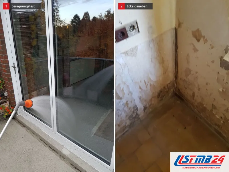 Zwei Ansichten: Beregnungstest an der Balkontür, eine orangefarbene Brause sprüht Wasser auf Glas und Rahmen, daneben eine fleckige Raumecke