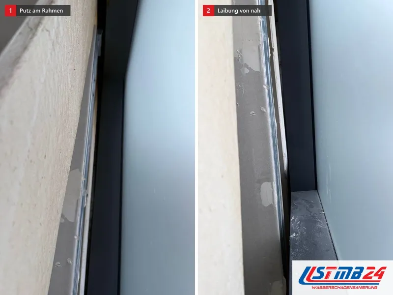 Zwei Ansichten einer Fensterlaibung mit abgeplatztem Putz am Rahmen