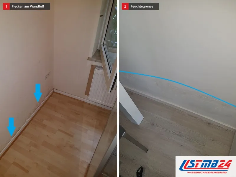Zwei Ansichten: Zimmer mit Laminat und Heizkörper, blaue Pfeile auf dunkle Flecken am Wandfuß, daneben eine blaue Linie über der Fußleiste