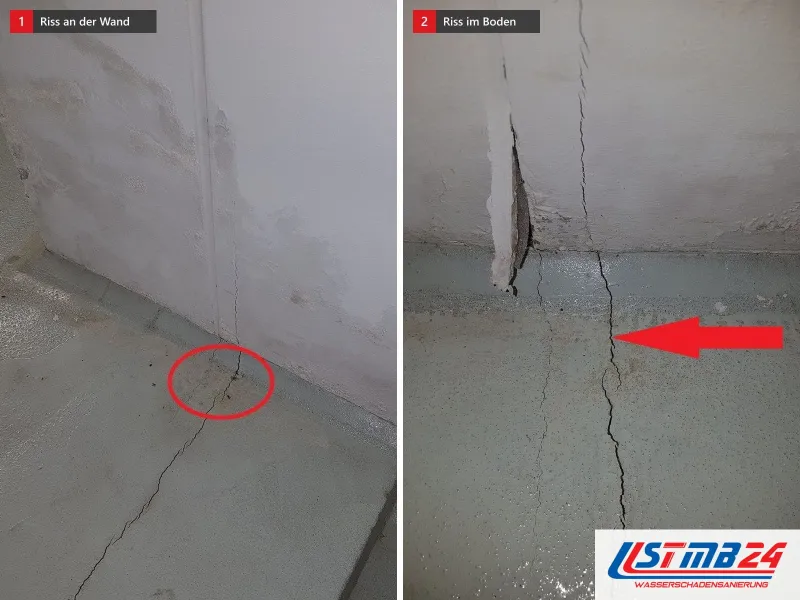 Zwei Ansichten eines Risses im Boden, links rot umkreist an der Wand, rechts ein roter Pfeil auf den Spalt