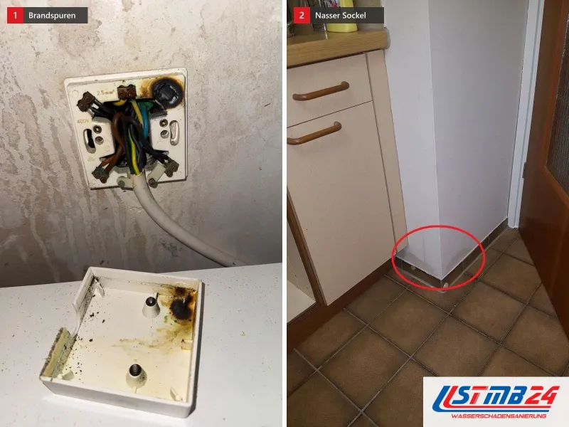 Zwei Ansichten: geöffnete Anschlussdose mit Brandspuren an Klemmen und Adern, daneben eine Küchenecke mit rot umkreistem nassem Wandsockel