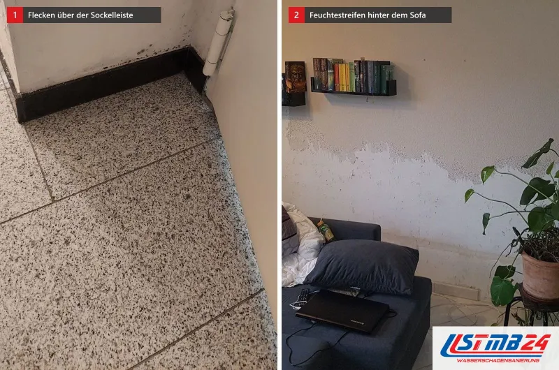 Zwei Bilder: links fleckiger Putz über einer dunklen Sockelleiste und Granitboden, rechts ein heller Feuchtestreifen bis Kniehöhe hinter einem Sofa