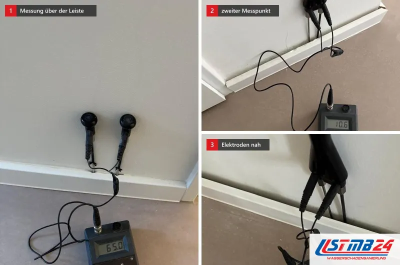 Drei Bilder einer Messreihe: Elektroden in der Wand über einer weißen Sockelleiste, das Messgerät auf dem Boden
