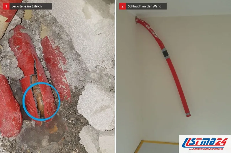 Zwei Bilder: links die blau umkreiste Leckstelle an einem rot gedämmten Rohr im Estrich, rechts eine gestrichene Wand mit rotem Schlauch