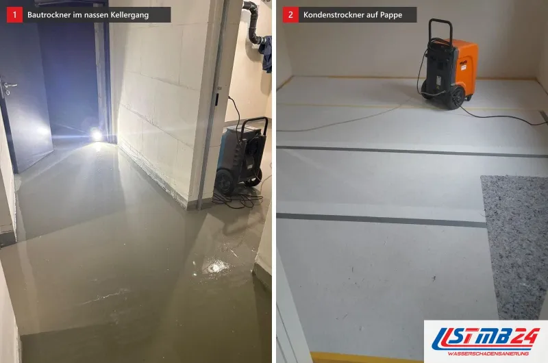 Zwei Bilder: links ein Kellergang mit stehendem Wasser und einem Bautrockner, rechts ein orangefarbener Kondenstrockner auf Abdeckpappe