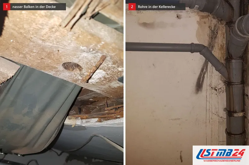 Zwei Bilder: links ein nasser Holzbalken mit Bohrloch über grauer Folie, rechts eine Kellerecke mit Abwasserrohren und dunklen Wasserspuren