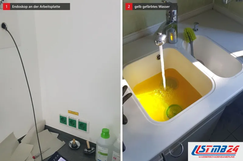 Zwei Bilder: links ein Endoskopkabel an einer Wand mit grünen Steckdosen über der Arbeitsplatte, rechts gelb gefärbtes Wasser in einem Spülbecken