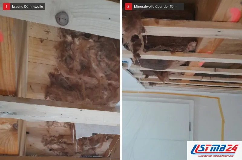 Zwei Bilder offener Decken: links braune, nasse Dämmwolle zwischen der Lattung, rechts Mineralwolle über einer gelb abgeklebten Tür