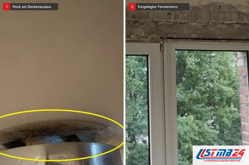 Zwei Bilder: links ein dunkler Wasserfleck rund um einen runden Deckenauslass, gelb umkreist, rechts ein Fenster mit freigelegtem Sturz